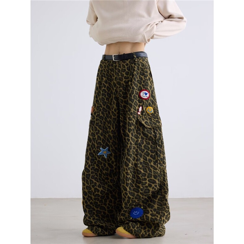 美式复古多口袋豹纹工装裤欧美街头hiphop宽松休闲酷帅阔腿裤子图片