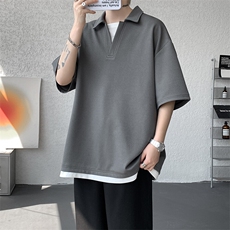 8XL-M假两件V领短袖t恤男夏翻领半袖宽松重磅华夫格大码DT001P40，男装T恤，电商B312