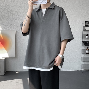 8XL-M假两件V领短袖t恤男夏翻领半袖宽松重磅华夫格大码DT001P40图片