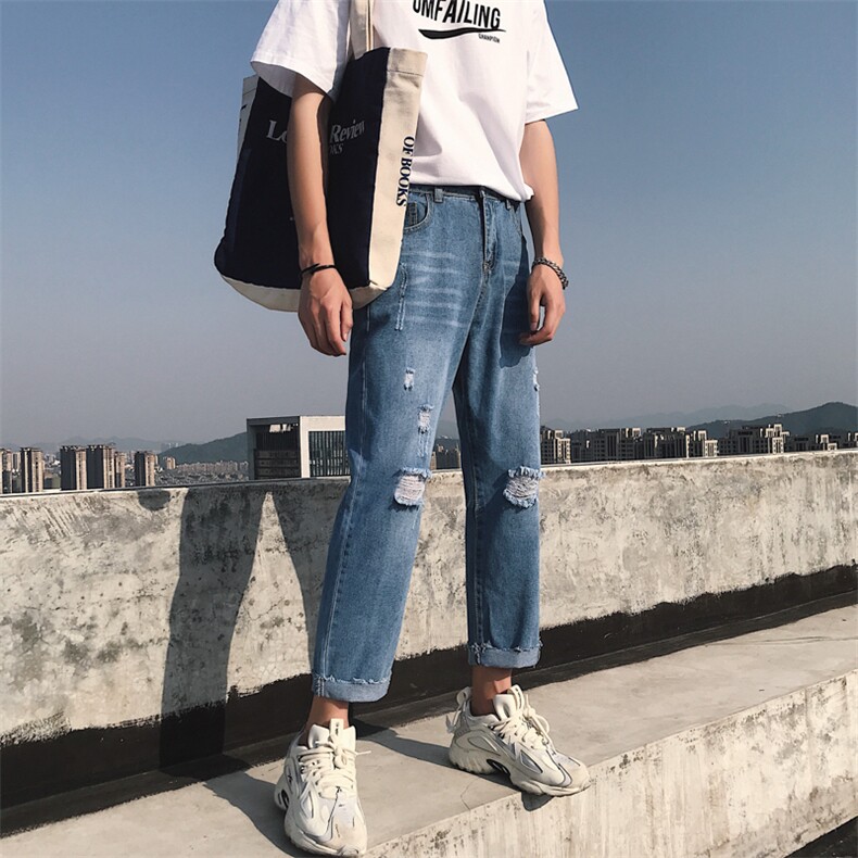 港风夏季破洞牛仔裤男 韩版潮流九分裤休闲裤 N/图片