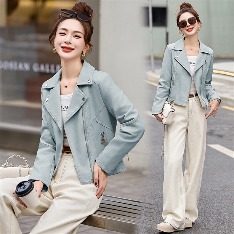 秋季新款皮衣外套女小个子短款机车服时尚气质西装领PU皮夹克上衣，女装皮衣，魅丽静蓝