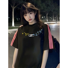 抖音得物品质二开240克宽松纯棉美式潮牌印花三条杠中性风短袖T恤，男装T恤，电商A486