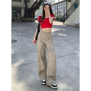 高街做旧脏脏牛仔裤女2025年新款夏季小众高腰扎染宽松显瘦阔腿裤图片