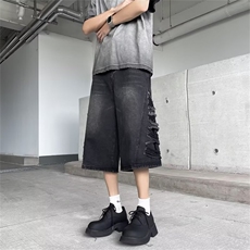 牛仔短裤男夏季美式高街潮牌乞丐裤子小众设计感五分中裤，男装牛仔裤，星座716-2