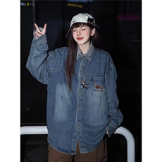秋季美式休闲痞帅水洗复古牛仔衬衫男长袖宽松潮牌高街百搭衬衣，男装衬衫，星座506A