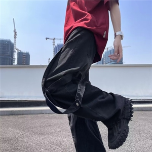 美式高街潮牌百搭直筒复古做旧水洗拼接设计飘带牛仔裤子KU01/P52图片