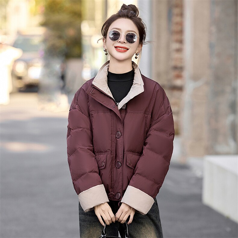 时尚拼色立领短款羽绒服女2025冬季小个子超好看面包服白鸭绒外套,女装羽绒服,沁沁公主