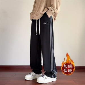 黑色三条杠裤子加绒男款秋冬美式复古卫裤高个子加长休闲直筒裤图片