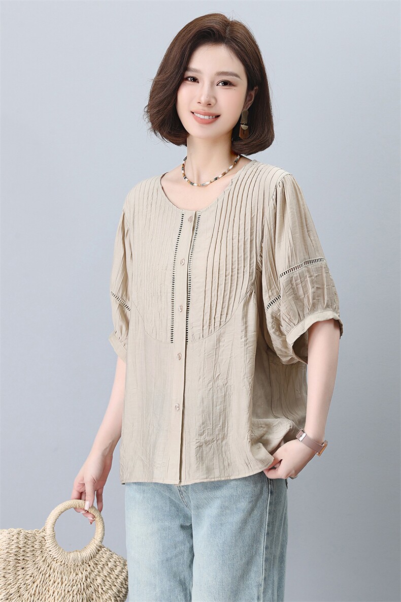 2026夏季新款桃花皱重工压褶镂空装饰宽松短袖女衬衫小衫,女装衬衫,板酷