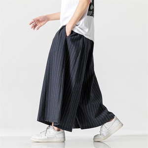夏 九分裤大码日系宽松休闲裤条纹阔腿裤棉麻裤风 K333/P70图片
