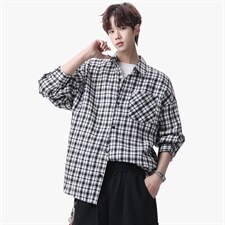 衬衫男春季新款港风宽松大码磨毛格子长袖衬衣CS510-P38，男装衬衫，星座214-3