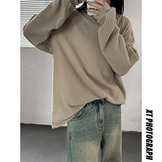 主推磨毛小碎格慵懒风长袖T圆领秋季打底衫男女中性风卫衣外套P28，男装T恤，电商C306-1