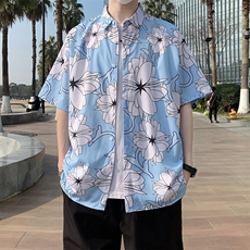 店主风夏季冰丝港风大码复古碎花短袖衬衫花衬衣男7231P35，男装衬衫，电商A056