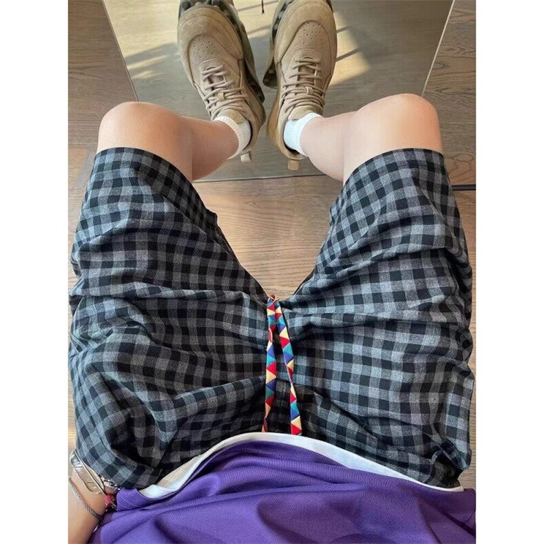 日系复古黑白格子短裤夏季男士直筒阔腿裤子宽松bf慵懒休闲五分裤,男装休闲裤,电商D315A