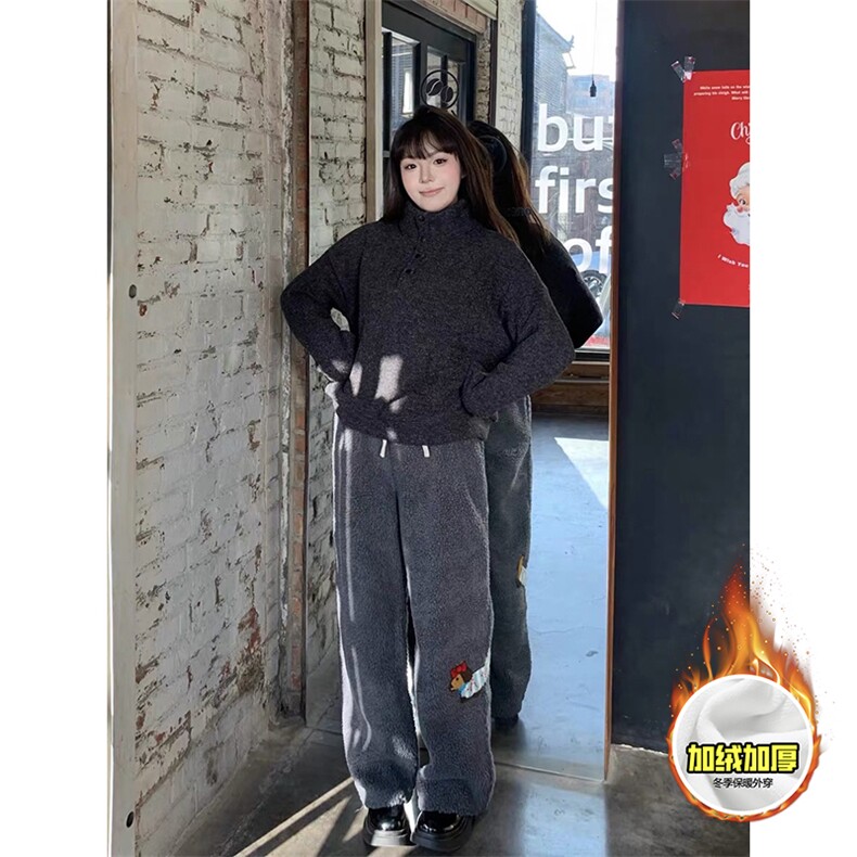 冬季美式刺绣羊羔毛棉裤男女情侣加绒加厚保暖宽松休闲阔腿长裤子图片