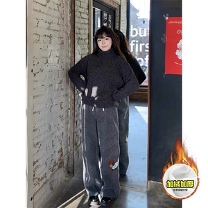 冬季美式刺绣羊羔毛棉裤男女情侣加绒加厚保暖宽松休闲阔腿长裤子图片