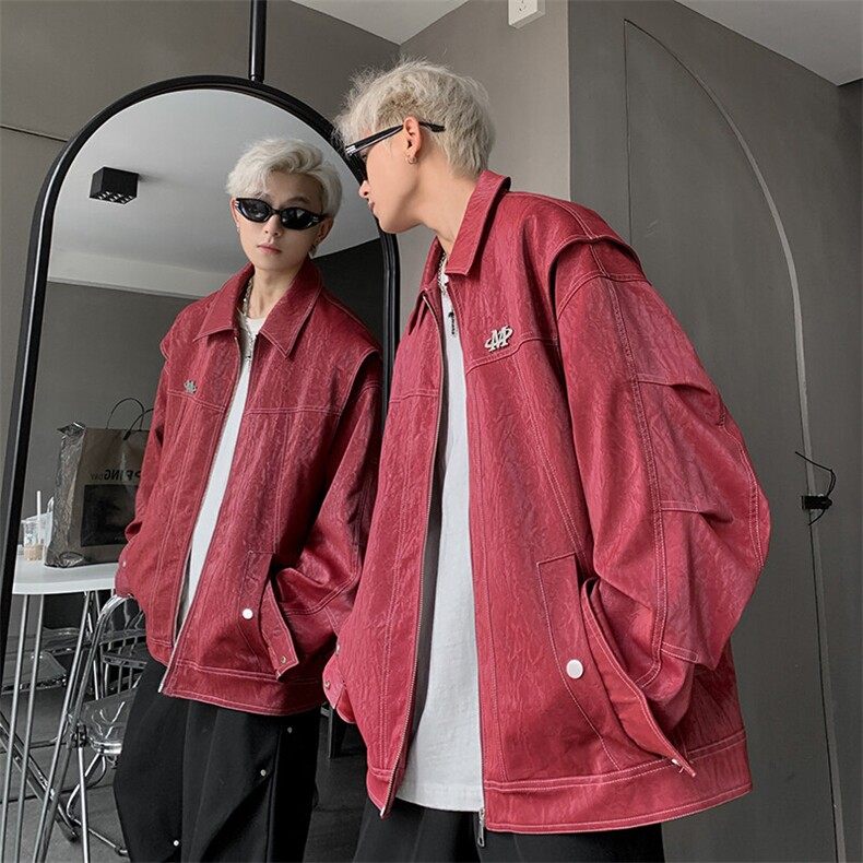 TP85-25秋季PU皮金属标个性高街流行港风中性男女皮外套W352，男装夹克，电商A170