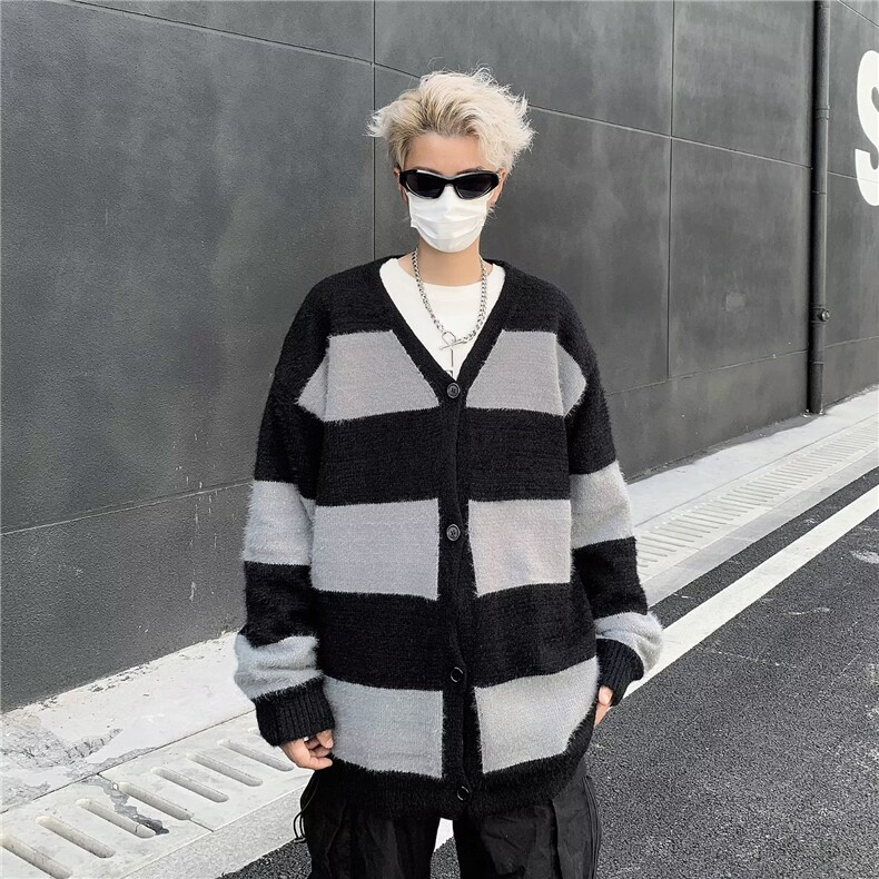 条纹慵懒风毛衣男宽松外套冬季日系复古针织衫开衫9179P55，男装针织衫/毛衣，星座410-2