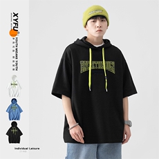 新款优品男士短袖连帽抽绳发泡印花T恤宽松上衣ZDL3207-P53，男装T恤，星座717