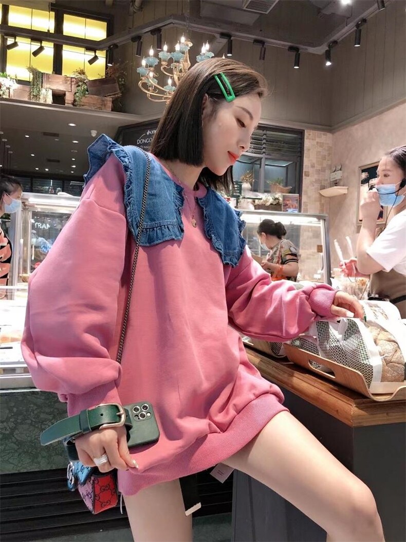 【现货】拼牛仔领卫衣，颜色超赞，女装卫衣/绒衫，一杭