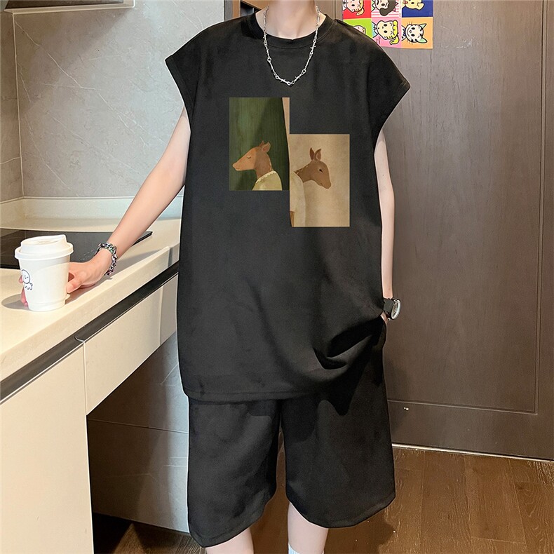 直播美式麂皮绒宽松背心无袖t恤短裤大码两件套套装TZ106-P58,男装T恤,电商A486