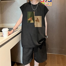 直播美式麂皮绒宽松背心无袖t恤短裤大码两件套套装TZ106-P58，男装T恤，电商A486