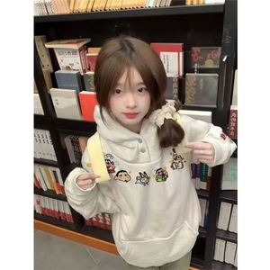 趣味蜡笔小新刺绣纽扣连帽卫衣女秋冬2025新款休闲宽松高级感上衣图片