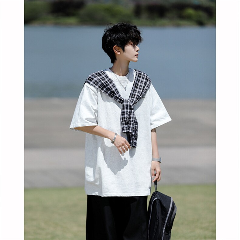 8XL-M 潮情侣美式拼接打结格子假两件短袖宽松纯棉T恤男 DX338图片
