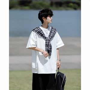 8XL-M 潮情侣美式拼接打结格子假两件短袖宽松纯棉T恤男 DX338图片