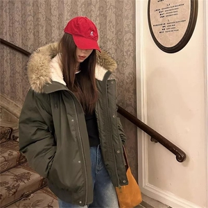 大毛领派克服棉衣女冬季军绿色韩系高级感小个子复古宽松棉服外套图片
