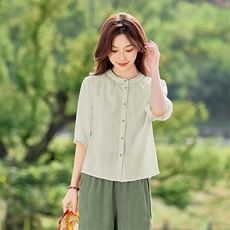 2026年春季文艺风女短袖宽松亲肤透气苎麻文艺/优雅，女装衬衫，江南依恋