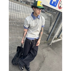 得物抖音高品质二开夏季美式潮牌高街假两件格子衬衣翻领短袖T恤，男装T恤，电商A486