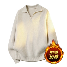 休闲风翻领针织衫男冬季加绒加厚保暖宽松毛衣ZB7007JR-特价P60，男装针织衫/毛衣，电商A007
