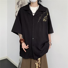 夏季竹叶刺绣短袖衬衫男潮牌宽松韩系休闲半袖衬衣男CY804-P35，男装衬衫，星座412-2