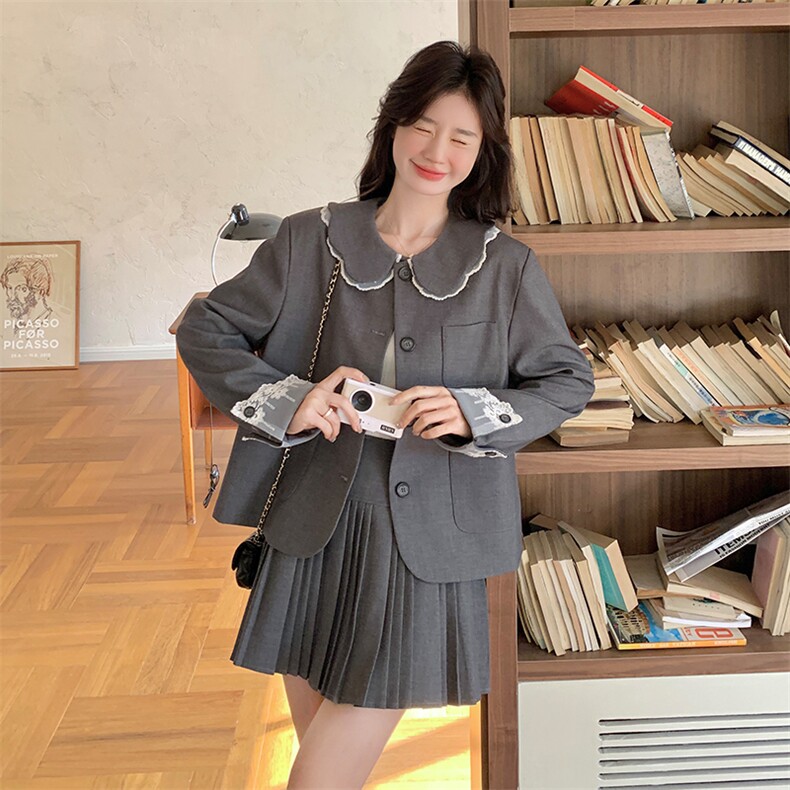 灰色娃娃领西装套装裙女2025春季新款韩系学院风减龄百褶裙两件套,女装套装/套裙,浙宝103（原192）