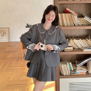 灰色娃娃领西装套装裙女2025春季新款韩系学院风减龄百褶裙两件套图片