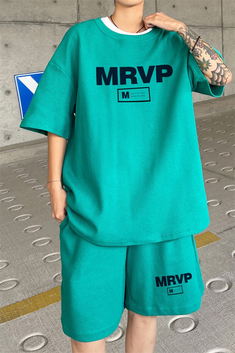 ！2025夏季新款男士字母印花短袖套装华夫格一套HTZ85P50,男装T恤,电商B220