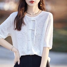 新中式复古流苏短袖针织开衫女圆领镂空高级感提花国风五分袖T恤，女装羊毛衫，九嘉羊绒