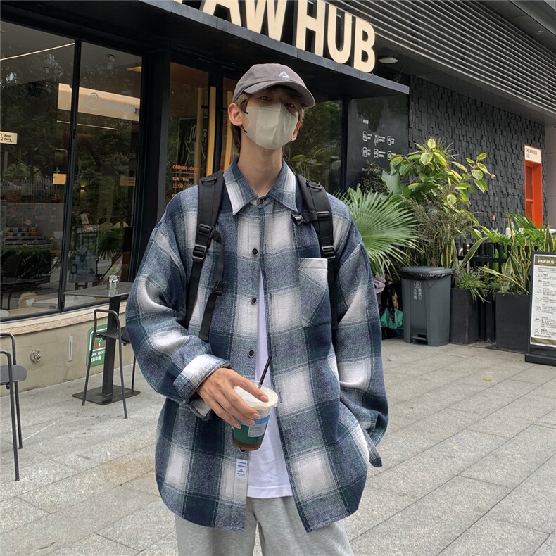 抖音秋格子衬衫男生外套长袖衬衣宽松港风DX505P5578,男装衬衫,电商B413-1