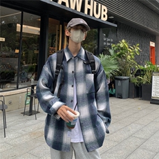 抖音秋格子衬衫男生外套长袖衬衣宽松港风DX505P5578，男装衬衫，电商B413-1
