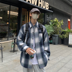 抖音 秋格子衬衫男生外套长袖衬衣宽松港风DX505P5578图片