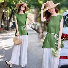 棉麻女夏季2025新款高级感时尚洋气时髦收腰显瘦阔腿裤，女装大码女装，乐吉娜