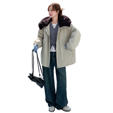 羊羔毛大翻领连帽工装派克服女中长款2025冬季90白鸭绒加厚羽绒服，女装羽绒服，2C159