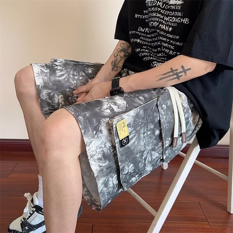 夏季男士高品质扎染工艺大口袋短裤五分裤时尚带抽绳,男装牛仔裤,星座1013