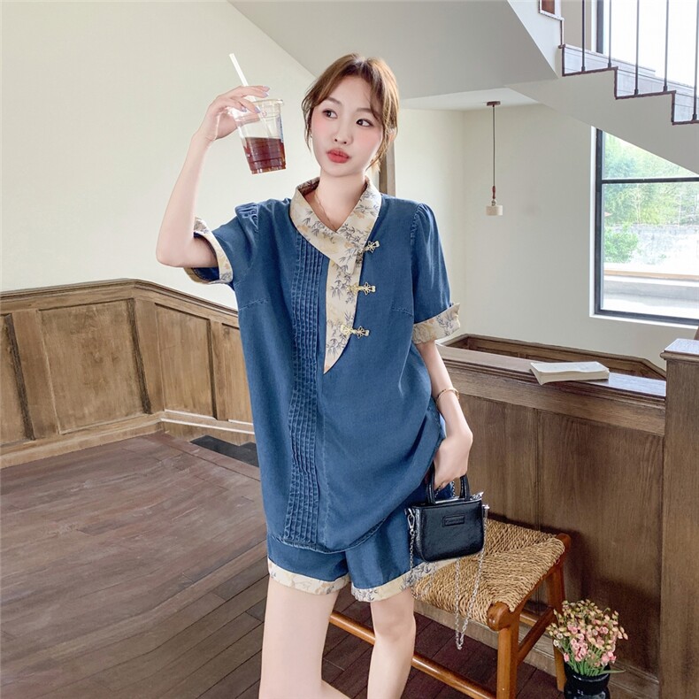 新中式国风牛仔盘扣上衣短裤两件套女2025年夏季新款减龄气质穿搭，女装套装/套裙，含赞