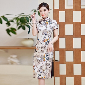 中式洋气旗袍品牌正品女夏装年轻款日常温柔真丝唐装连衣裙礼仪服图片