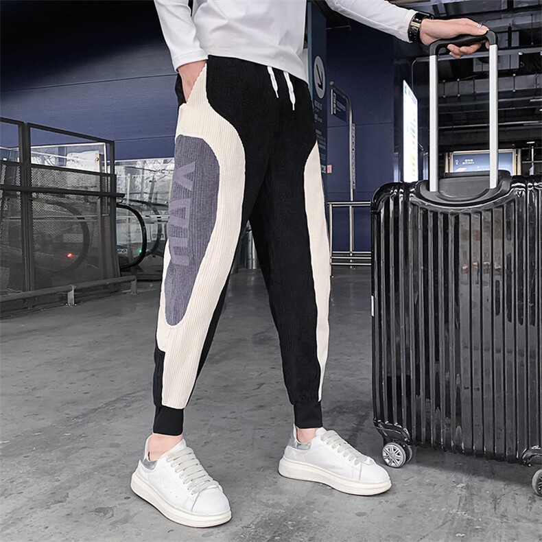 休闲裤男2025秋冬季新品拼接撞色灯芯绒休闲裤网红同款宽松束脚裤，男装休闲裤，电商A327