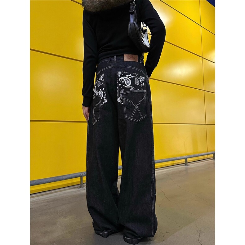 美式复古印花设计牛仔裤设计感男女秋冬复古百搭拖地裤NZX62图片
