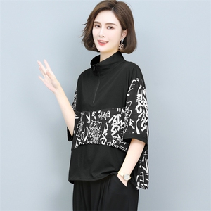 (新品)2025年夏季丝T恤接拼衬衫女印花中老年妈装三年不下架图片