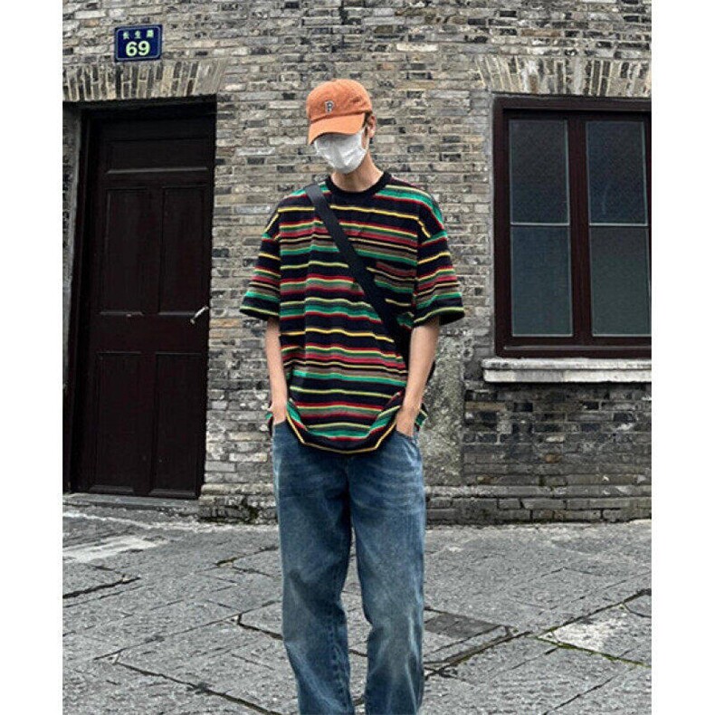 港味复古条纹短袖t恤女加大码夏季宽松撞色半袖上衣潮T1101，男装T恤，星座1116A（原606A-3）